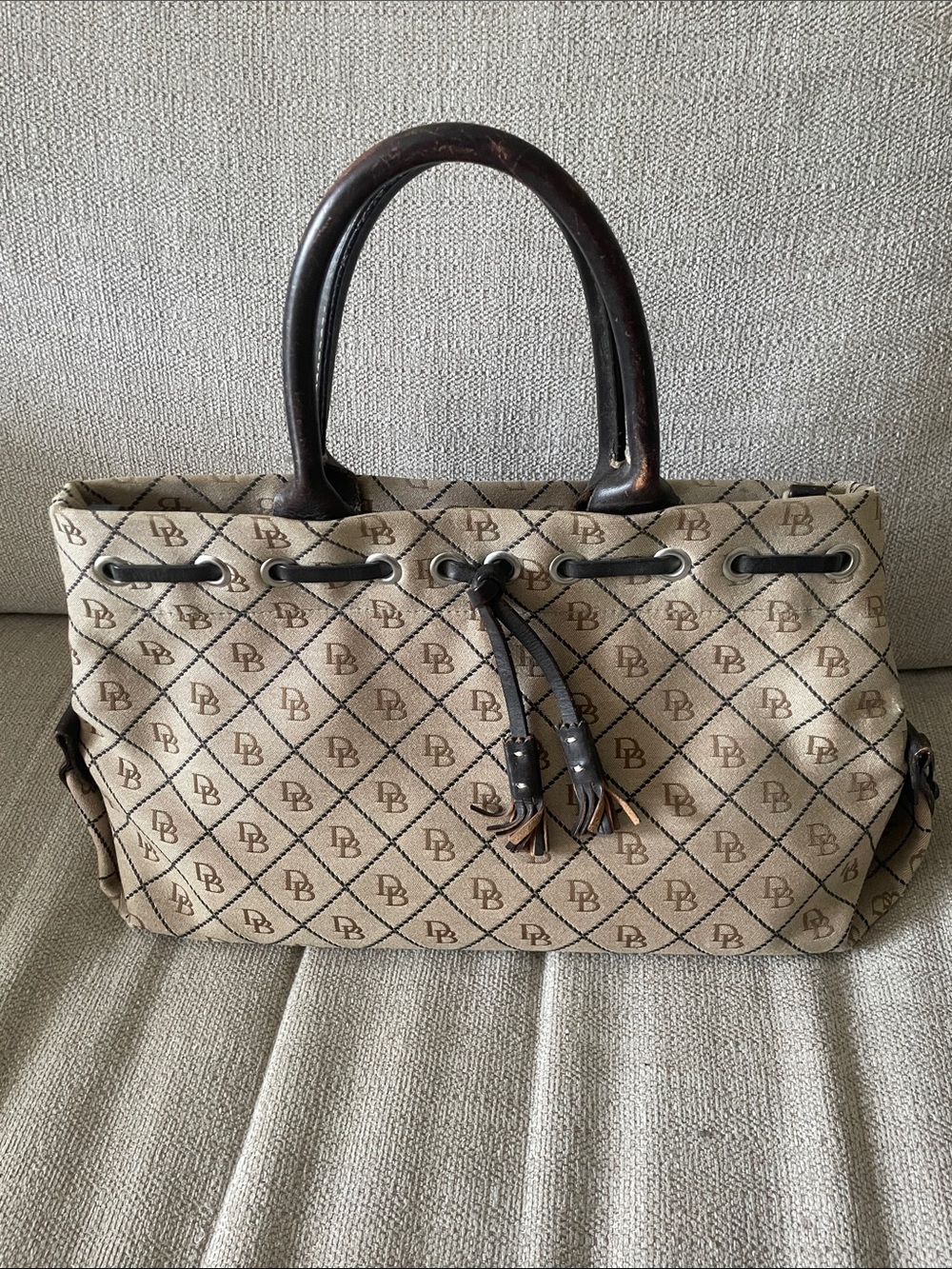 DB Pattern Beige Tote Bag with Dark Brown Handles